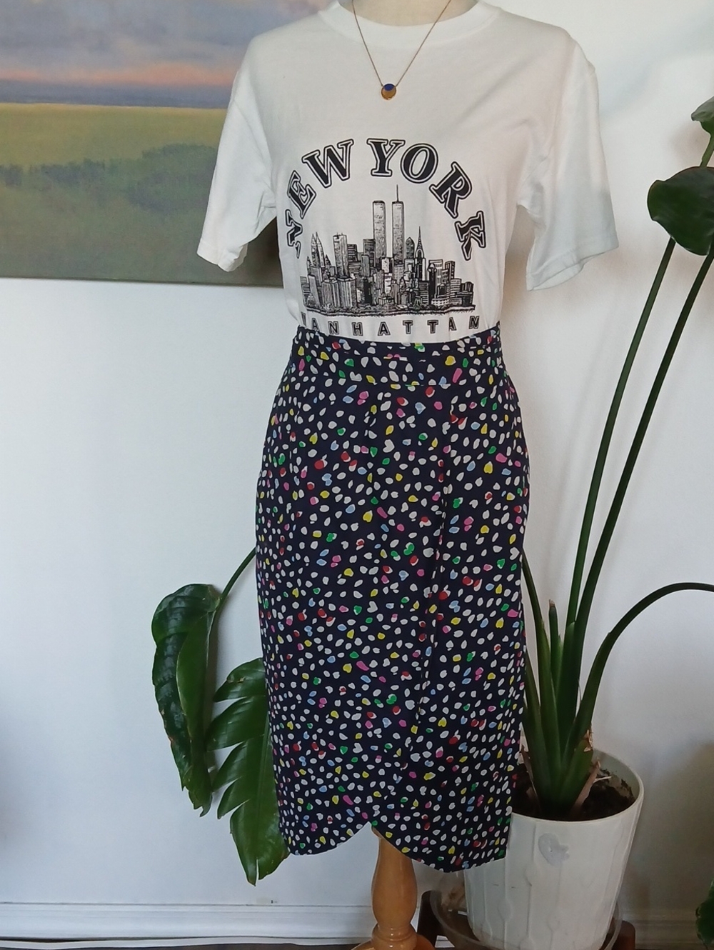 J. Crew Navy Tulip Midi Skirt with Multicolor "Happi Cat" Dot Print
